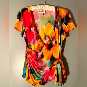 Joseph Ribkoff Size 10 short sleeve side wrap tropical print top